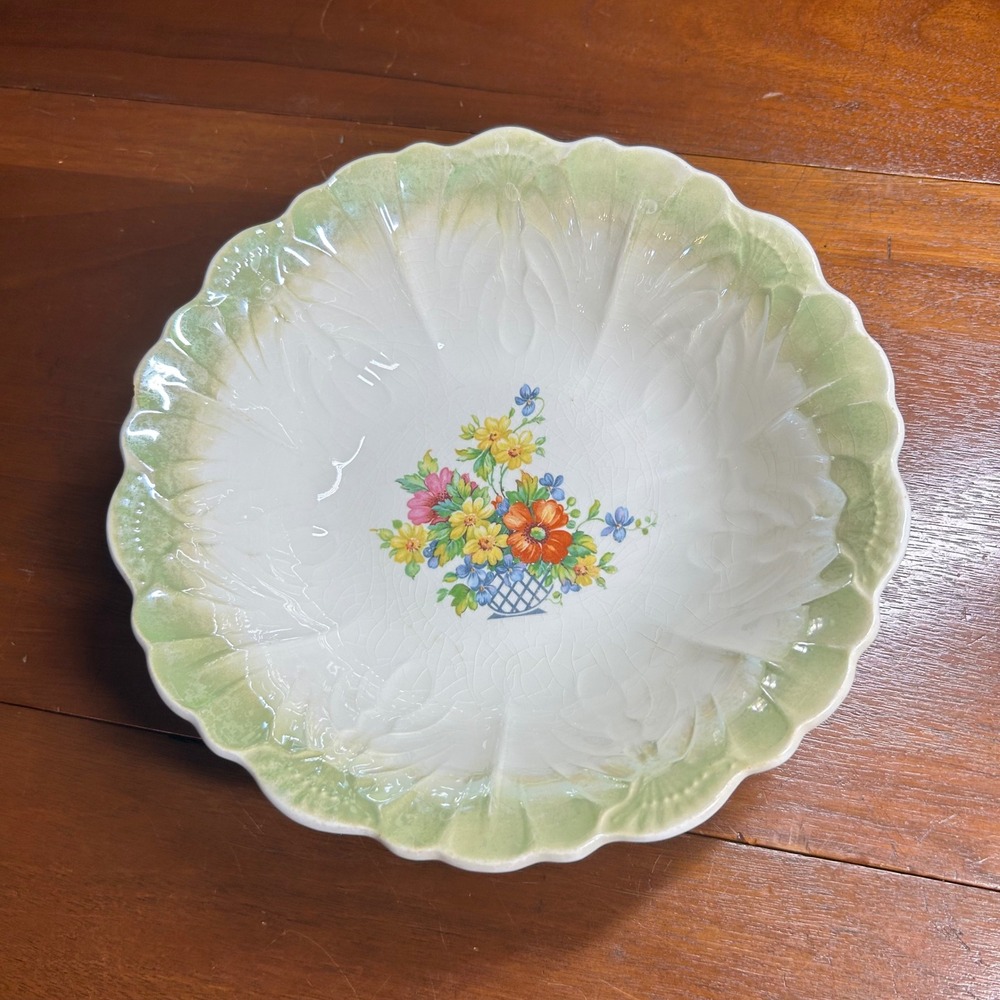 Vintage Scalloped Floral Ceramic Bowl Green Rim Crazed Glaze Decorative Dish